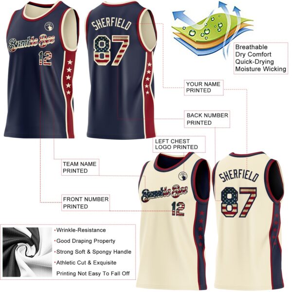 Custom Reversible Navy Vintage USA Flag-Cream Double Side Star Sublimation Basketball Suit Jersey