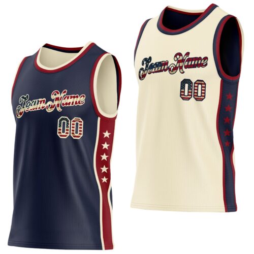Custom Reversible Navy Vintage USA Flag-Cream Double Side Star Sublimation Basketball Suit Jersey