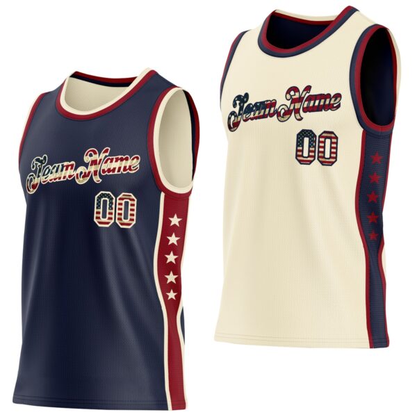 Custom Reversible Navy Vintage USA Flag-Cream Double Side Star Sublimation Basketball Suit Jersey