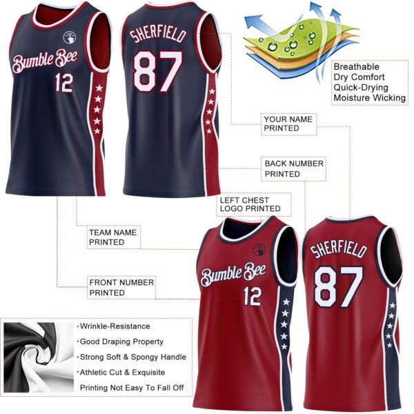 Custom Reversible Navy White-Crimson Double Side Star Sublimation Basketball Suit Jersey