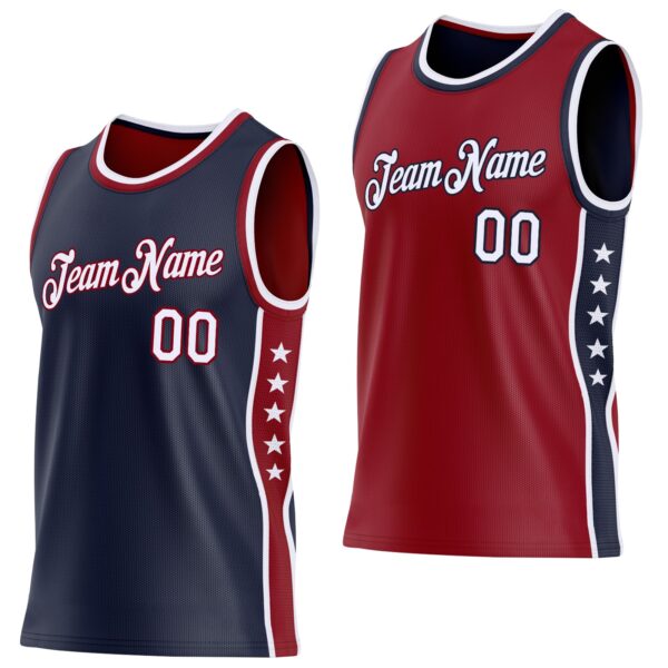 Custom Reversible Navy White-Crimson Double Side Star Sublimation Basketball Suit Jersey
