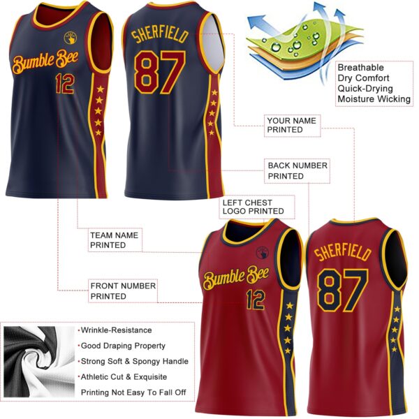 Custom Reversible Navy Crimson-Gold Double Side Star Sublimation Basketball Suit Jersey