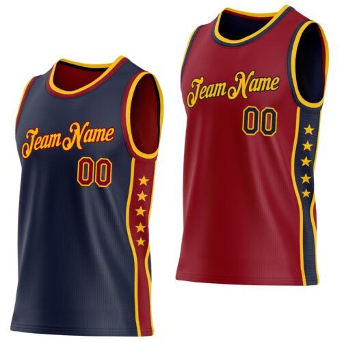 Custom Reversible Navy Crimson-Gold Double Side Star Sublimation Basketball Suit Jersey