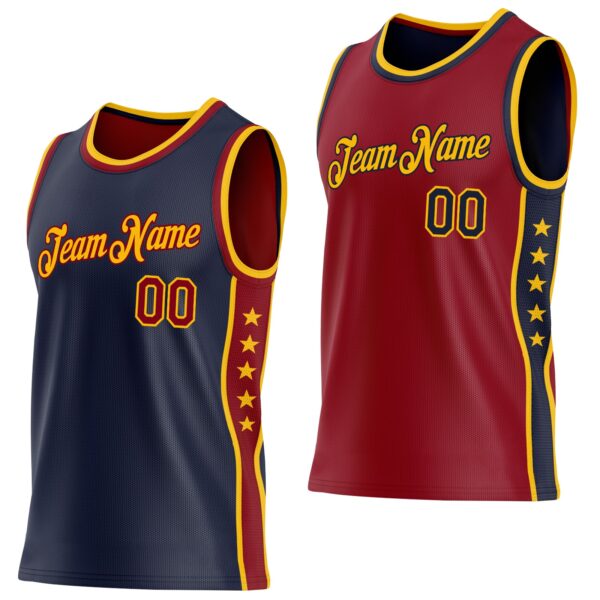 Custom Reversible Navy Crimson-Gold Double Side Star Sublimation Basketball Suit Jersey