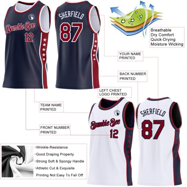 Custom Reversible Navy Crimson-White Double Side Star Sublimation Basketball Suit Jersey