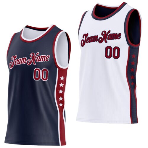 Custom Reversible Navy Crimson-White Double Side Star Sublimation Basketball Suit Jersey