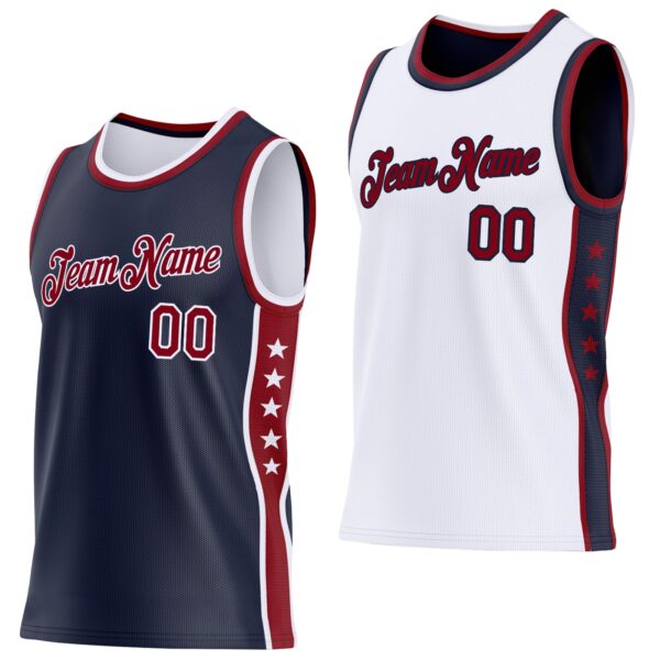 Custom Reversible Navy Crimson-White Double Side Star Sublimation Basketball Suit Jersey
