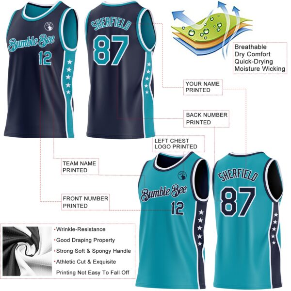 Custom Reversible Navy Teal-White Double Side Star Sublimation Basketball Suit Jersey