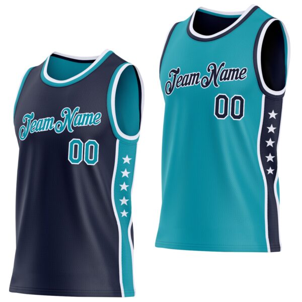 Custom Reversible Navy Teal-White Double Side Star Sublimation Basketball Suit Jersey