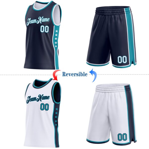 Custom Reversible Navy White-Teal Double Side Star Sublimation Basketball Suit Jersey