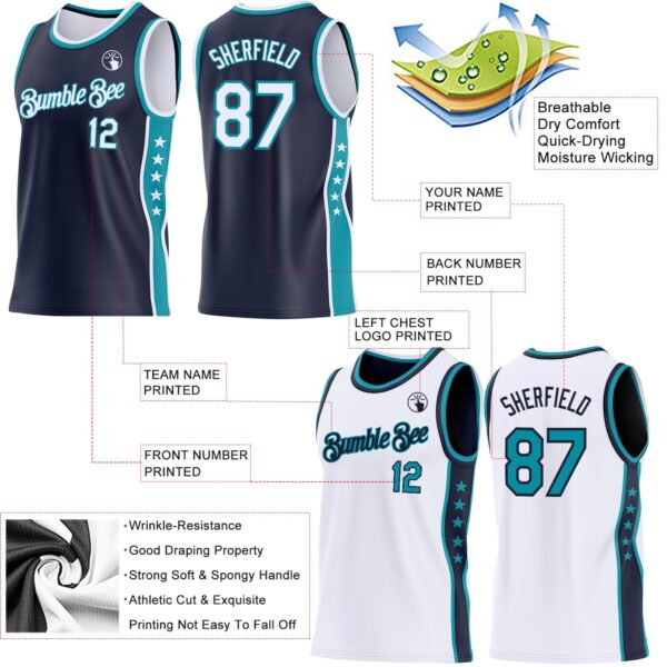 Custom Reversible Navy White-Teal Double Side Star Sublimation Basketball Suit Jersey