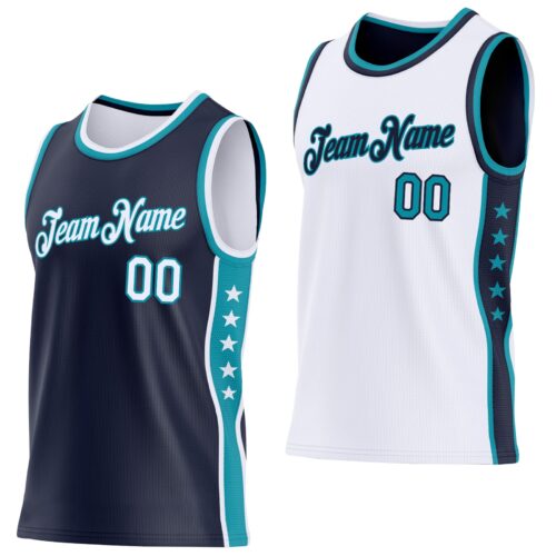 ReversibleD0341 Custom Reversible Navy White-Teal Double Side Star Sublimation Basketball Suit Jersey