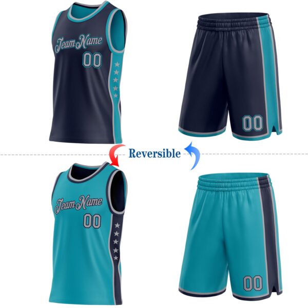 Custom Reversible Navy Gray-Teal Double Side Star Sublimation Basketball Suit Jersey