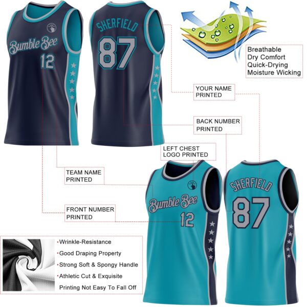 Custom Reversible Navy Gray-Teal Double Side Star Sublimation Basketball Suit Jersey