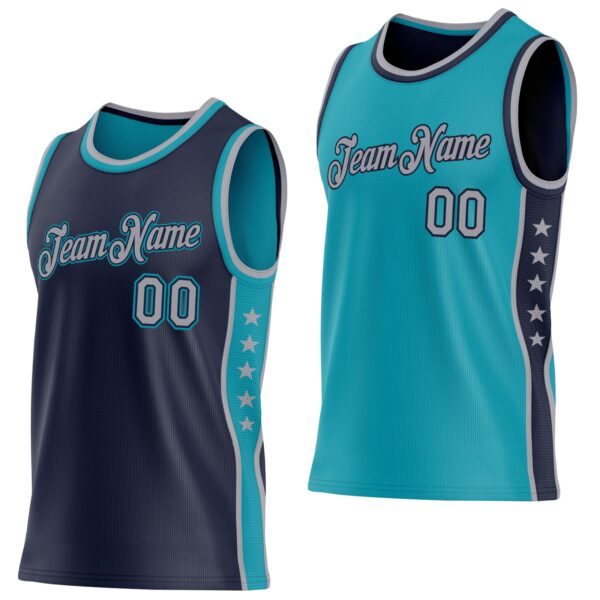 Custom Reversible Navy Gray-Teal Double Side Star Sublimation Basketball Suit Jersey