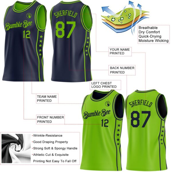 Custom Reversible Navy Neon Green Double Side Star Sublimation Basketball Suit Jersey