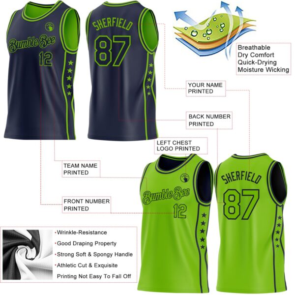 Custom Reversible Navy Neon Green Double Side Star Sublimation Basketball Suit Jersey