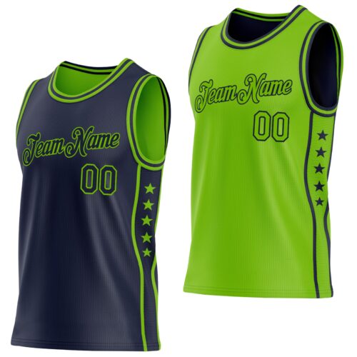 ReversibleD0344 Custom Reversible Navy Neon Green Double Side Star Sublimation Basketball Suit Jersey