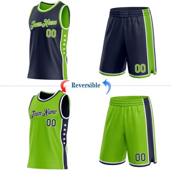 Custom Reversible Navy Neon Green-White Double Side Star Sublimation Basketball Suit Jersey