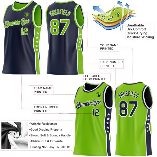 Custom Reversible Navy Neon Green-White Double Side Star Sublimation Basketball Suit Jersey