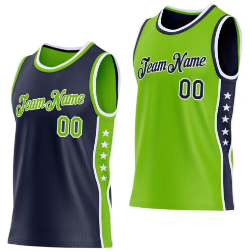 ReversibleD0345 Custom Reversible Navy Neon Green-White Double Side Star Sublimation Basketball Suit Jersey
