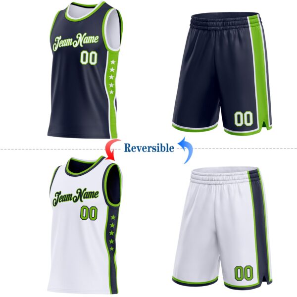 Custom Reversible Navy White-Neon Green Double Side Star Sublimation Basketball Suit Jersey
