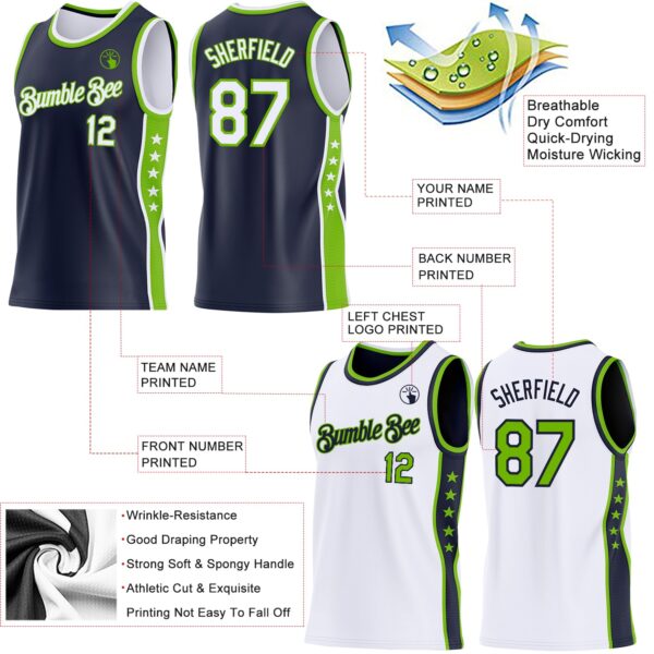 Custom Reversible Navy White-Neon Green Double Side Star Sublimation Basketball Suit Jersey