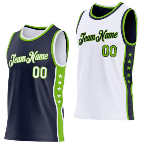 ReversibleD0346 Custom Reversible Navy White-Neon Green Double Side Star Sublimation Basketball Suit Jersey