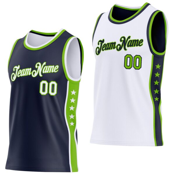 Custom Reversible Navy White-Neon Green Double Side Star Sublimation Basketball Suit Jersey