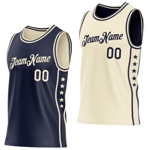 Custom Reversible Navy Cream Double Side Star Sublimation Basketball Suit Jersey