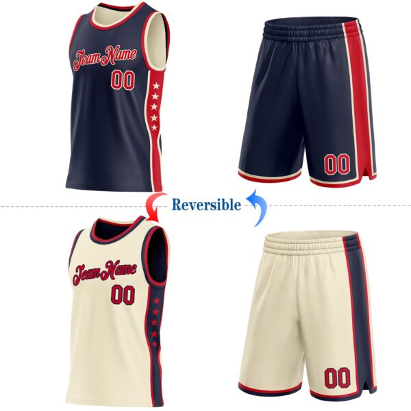 Custom Reversible Navy Red-Cream Double Side Star Sublimation Basketball Suit Jersey