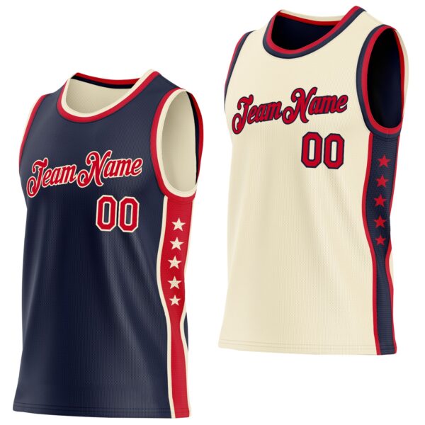 Custom Reversible Navy Red-Cream Double Side Star Sublimation Basketball Suit Jersey