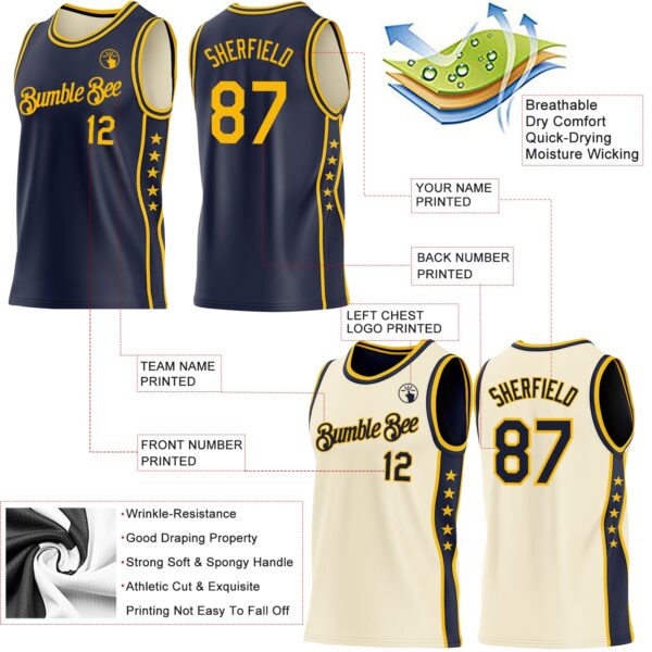 Custom Reversible Navy Gold Double Side Star Sublimation Basketball Suit Jersey