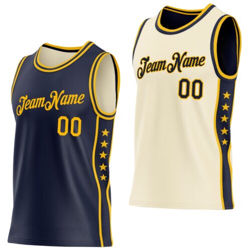 Custom Reversible Navy Gold Double Side Star Sublimation Basketball Suit Jersey