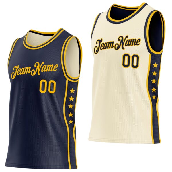 Custom Reversible Navy Gold Double Side Star Sublimation Basketball Suit Jersey