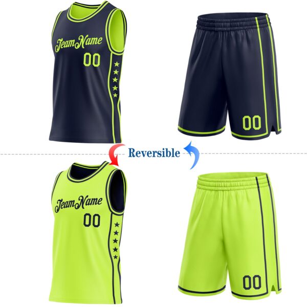 Custom Reversible Navy Neon Green Double Side Star Sublimation Basketball Suit Jersey