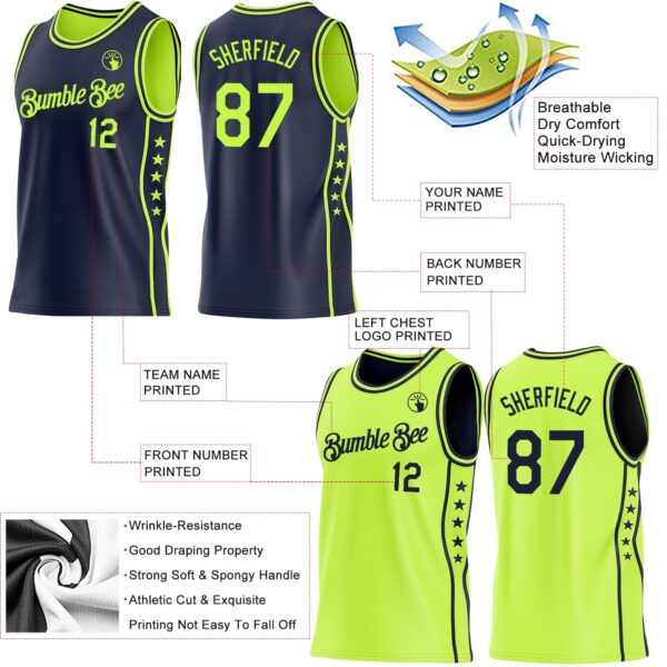 Custom Reversible Navy Neon Green Double Side Star Sublimation Basketball Suit Jersey