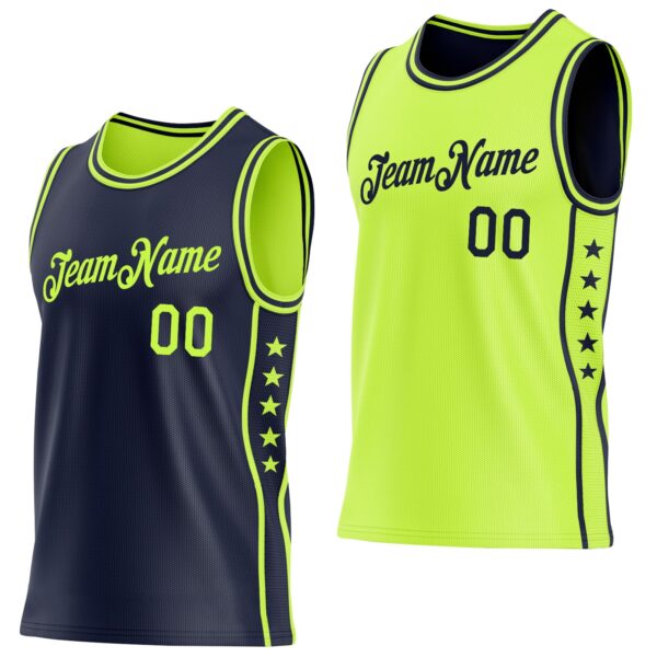Custom Reversible Navy Neon Green Double Side Star Sublimation Basketball Suit Jersey