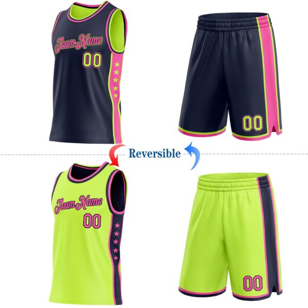 Custom Reversible Navy Neon Green-Pink Double Side Star Sublimation Basketball Suit Jersey