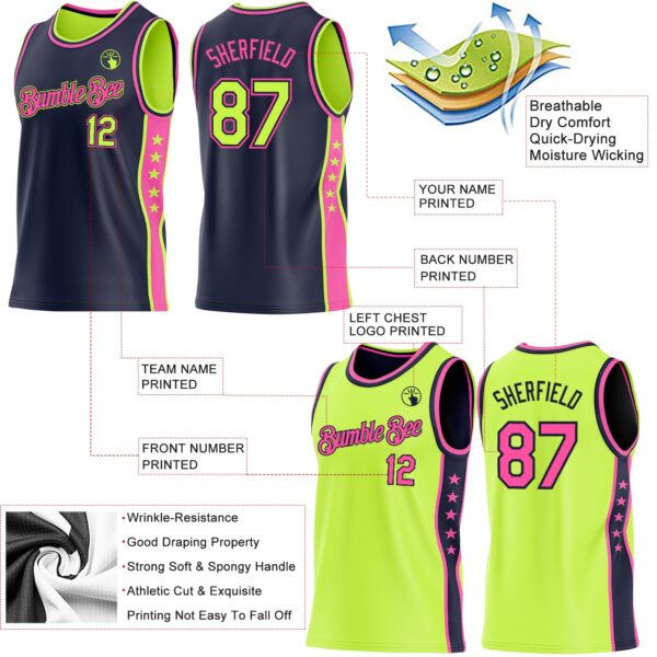 Custom Reversible Navy Neon Green-Pink Double Side Star Sublimation Basketball Suit Jersey