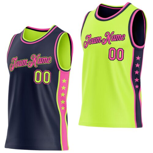 Custom Reversible Navy Neon Green-Pink Double Side Star Sublimation Basketball Suit Jersey