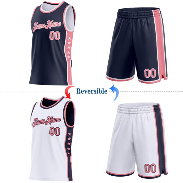 Custom Reversible Navy Medium Pink-White Double Side Star Sublimation Basketball Suit Jersey
