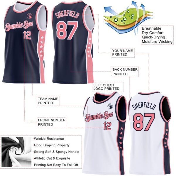 Custom Reversible Navy Medium Pink-White Double Side Star Sublimation Basketball Suit Jersey