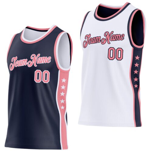 Custom Reversible Navy Medium Pink-White Double Side Star Sublimation Basketball Suit Jersey