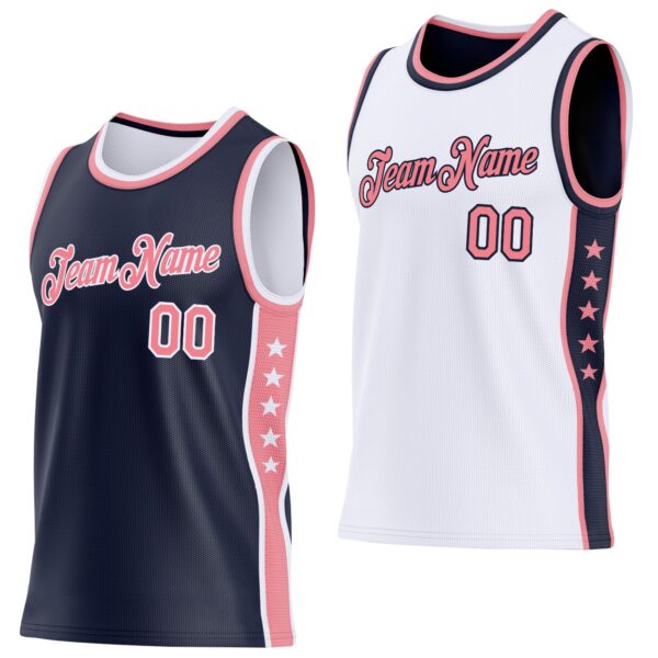 Custom Reversible Navy Medium Pink-White Double Side Star Sublimation Basketball Suit Jersey