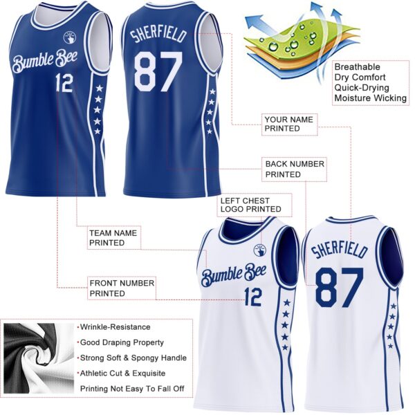 Custom Reversible Royal White Double Side Star Sublimation Basketball Suit Jersey
