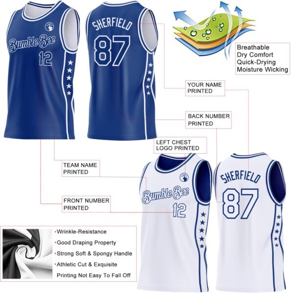 Custom Reversible Royal White Double Side Star Sublimation Basketball Suit Jersey