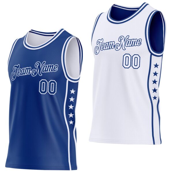 Custom Reversible Royal White Double Side Star Sublimation Basketball Suit Jersey