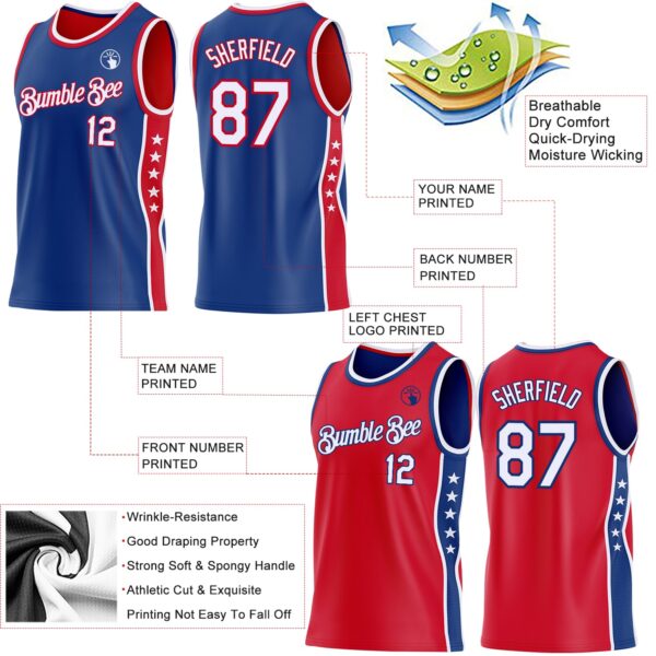 Custom Reversible Royal White-Red Double Side Star Sublimation Basketball Suit Jersey