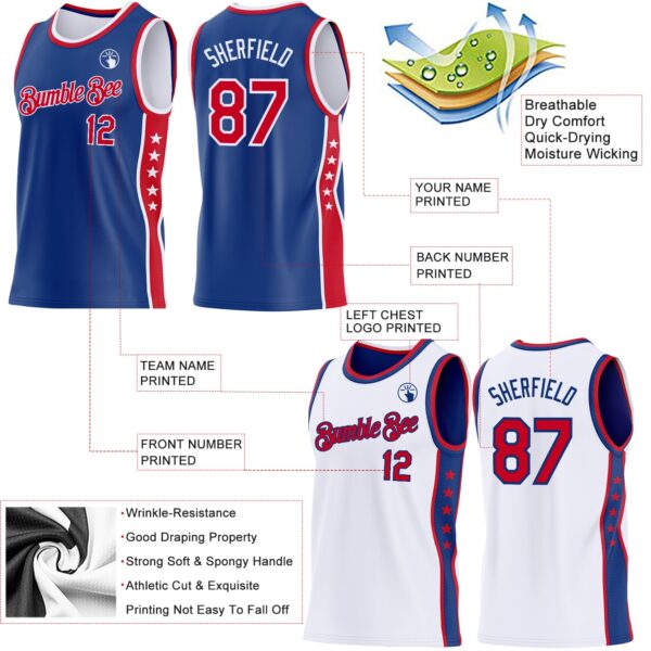 Custom Reversible Royal Red-White Double Side Star Sublimation Basketball Suit Jersey